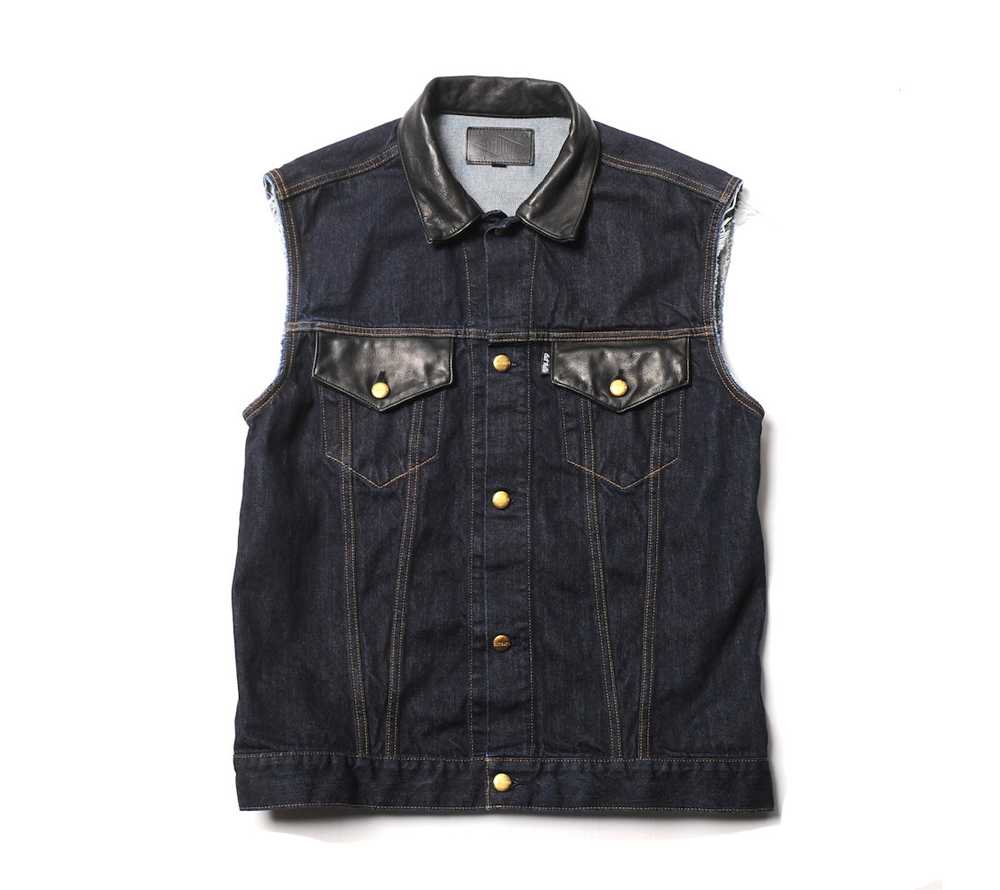 LEATHER COMBINATION DENIM VEST