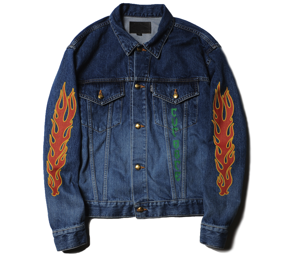 FLAME PATTERN SLEEVE PRINT USED DENIM JACKET