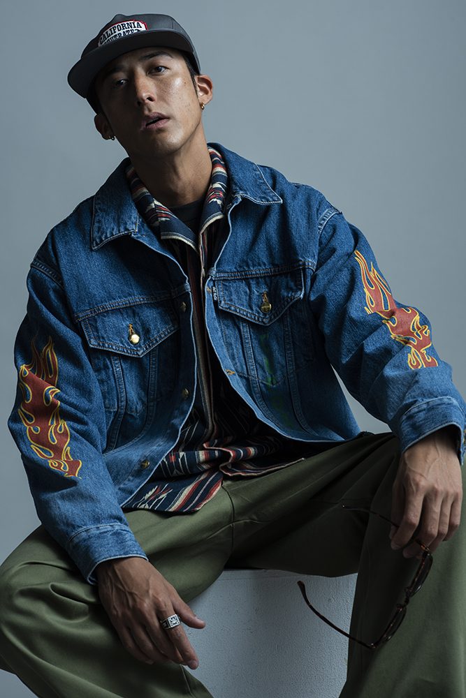 FLAME PATTERN PRINT USED DENIM JACKET