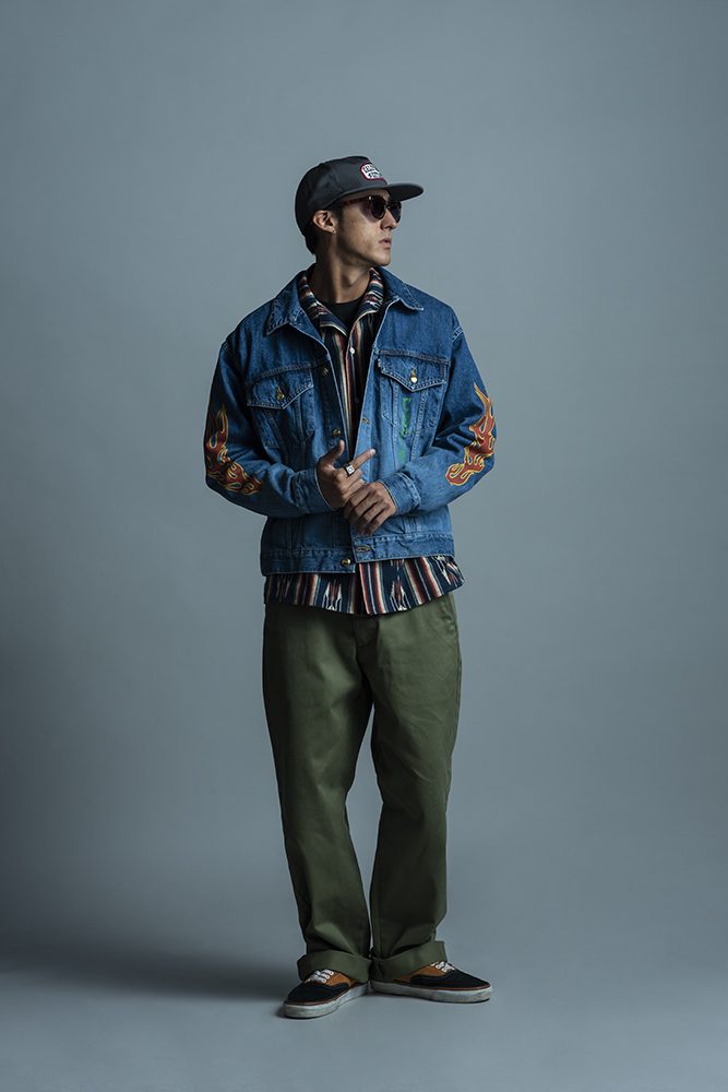 FLAME PATTERN PRINT USED DENIM JACKET